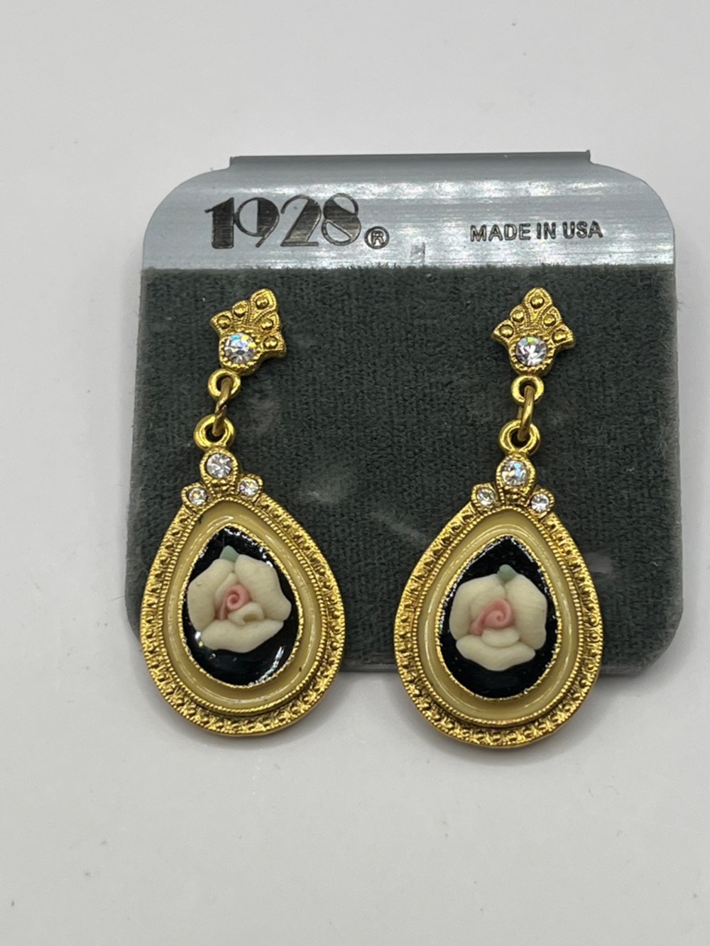 1928 Gold Teardrop Cameo Floral Drop Earrings - Black & Cream